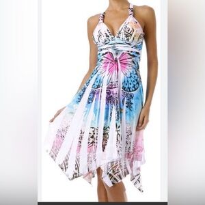 KISSES & HUGS Pink Halter style flowing butterfly print dress.   Medium